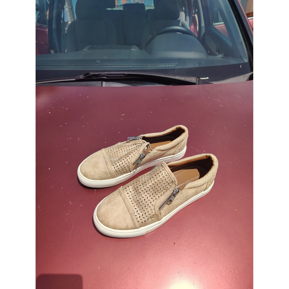 Report Womens Tan Perforated Faux Suede Slip On Sneakers Size 7 Dual Zipper Flat